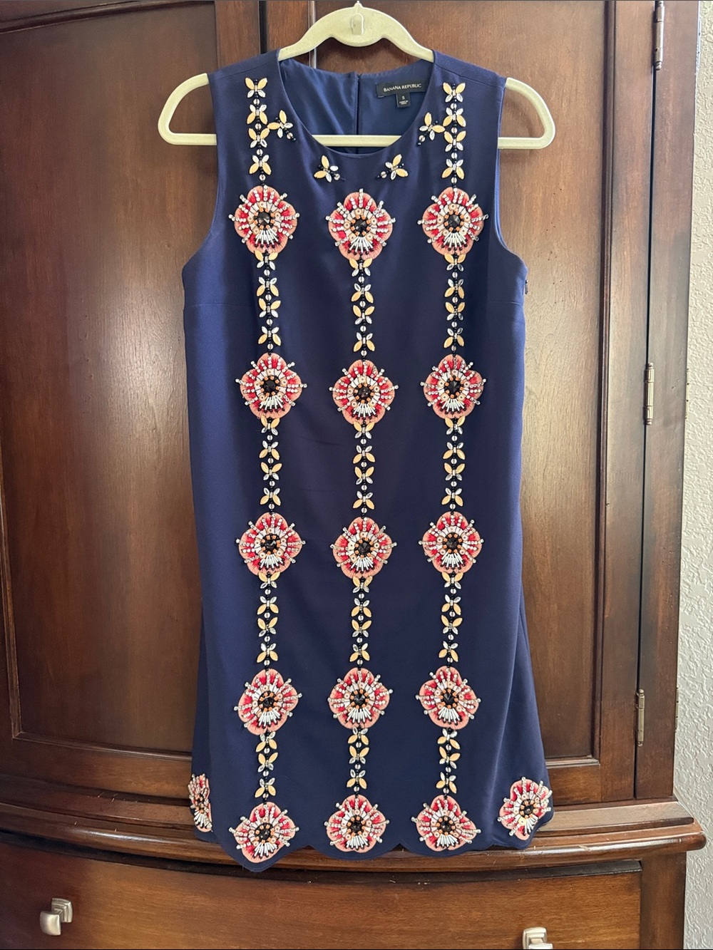 Banana Republic Navy Shift Dress with Red and Cream Beaded Floral Motifs